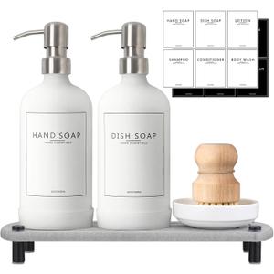 Kitchen Soap Dispenser Set with Instant Dry Tray,16 Oz Hand and Dish Soap White Glass Dispenser Set,Stainless Steel Pump,Waterproof Labels&Dish Brush,Luxury Soap Bottle for Kitchen,Bathroom (8.6"L x 3"W x 3"H)