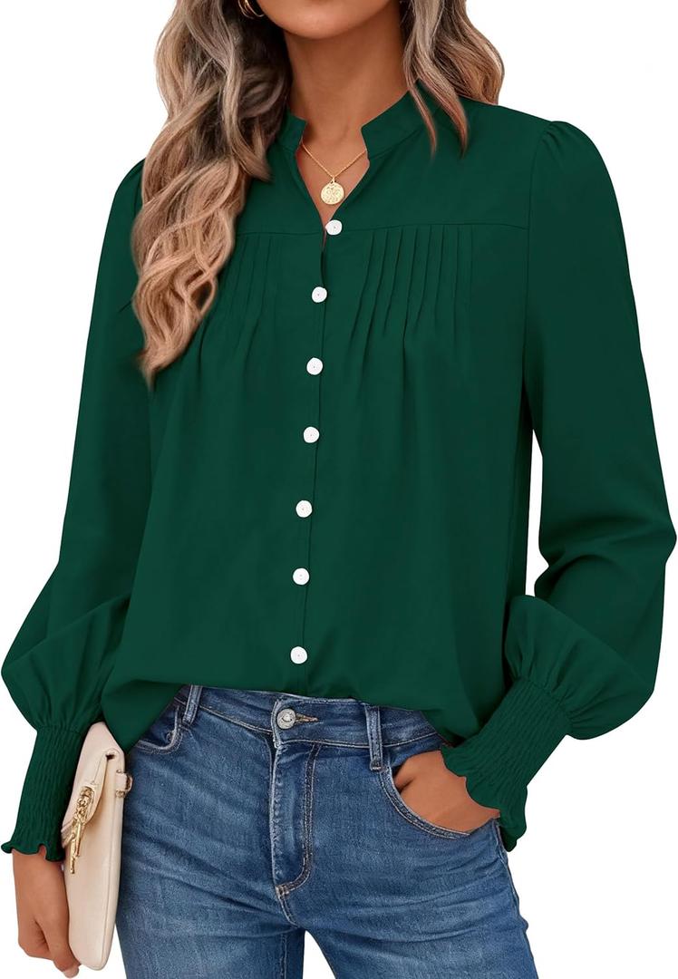 PRETTYGARDEN Fall Lantern Long Sleeve Shirts for Women 2026 Trendy Button Vneck Pullover Henley Tops Dressy Work Blouses (Dark Green,Small) (Green, S)