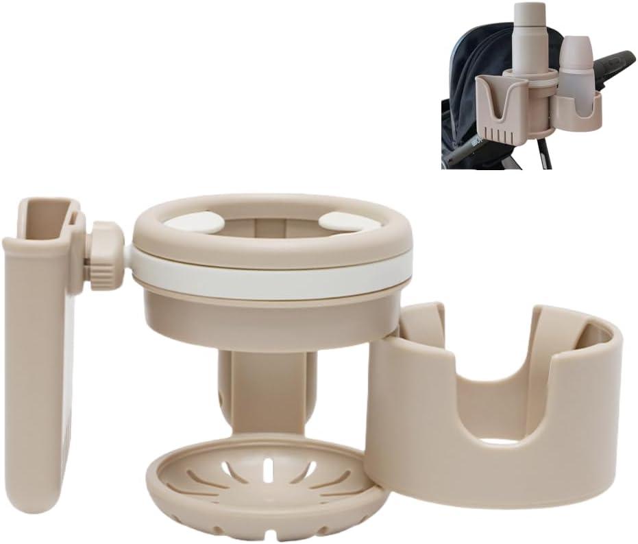 3-in-1 Stroller Cup Holder, Baby Stroller Accessories with Bottle Holder, Phone Mount, and Drink Caddy for Strollers, Perfect for Parents on The Go (Beige)