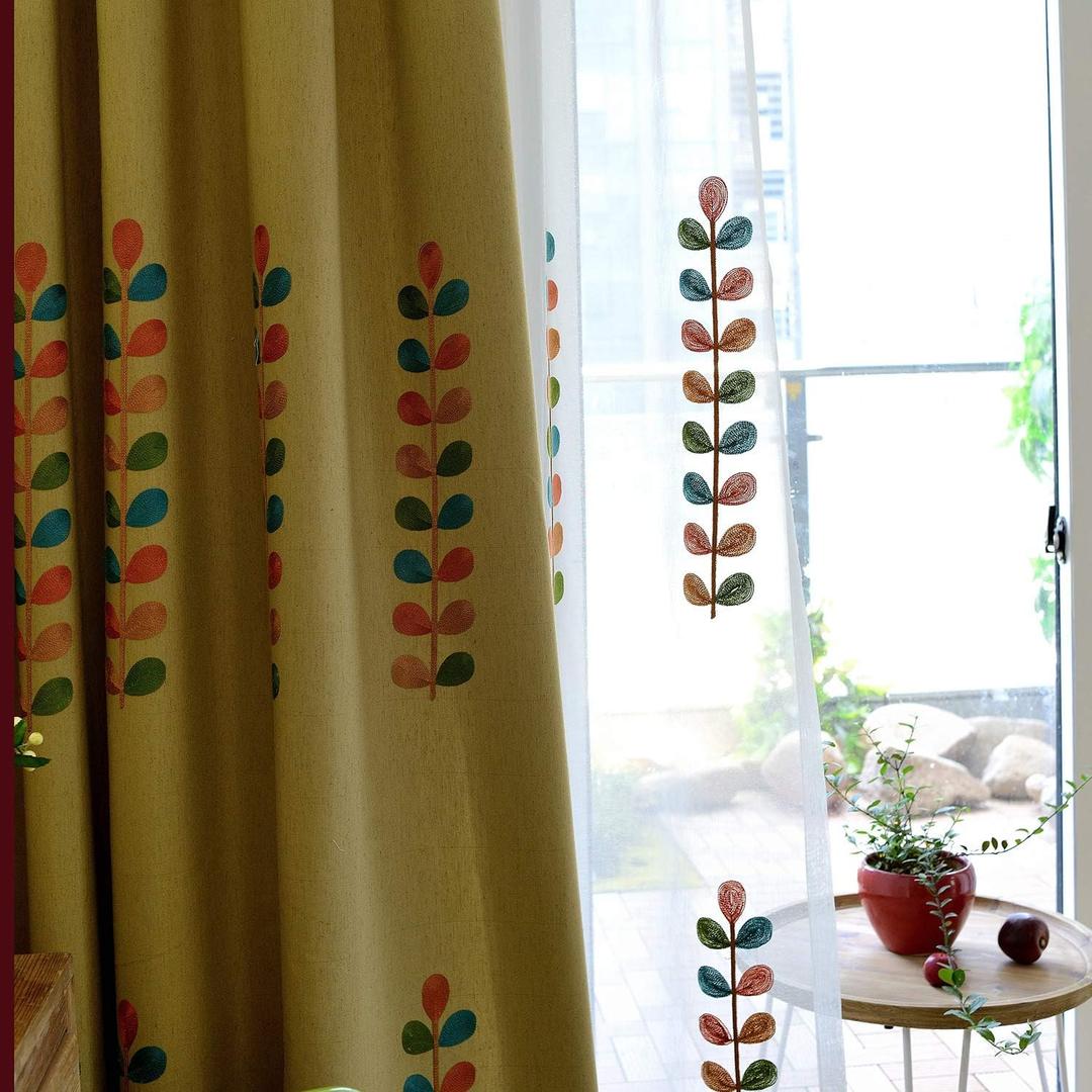 VOGOL Linen Curtains 96 Inches Long, Colorful Leaves Embroidered Grommet Drapes and Curtain Panels for Living Room/Bedroom, W52 X L96, 2 Pieces