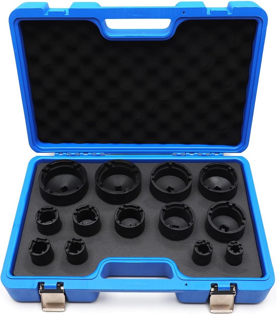 VEHIRETL 13pcs Grooved Lock Nut Socket Set with Internal Teeth, Spindle Nuts Socket Kit Ball Joints Axle Locknut Remove Install Locking Hub Socket for KM KML HM HML HMLL Groove Nut with 1/2'' KM0-KM12