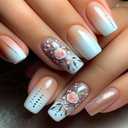 Medium Length Press on Nails Square Fake Nails Pink Gradient False Nails Flower Glitter Gold Foil Design Cute Press ons Nail Spring Summer Acrylic Full Cover Stick on Nails for Women Girls, 24 Pcs