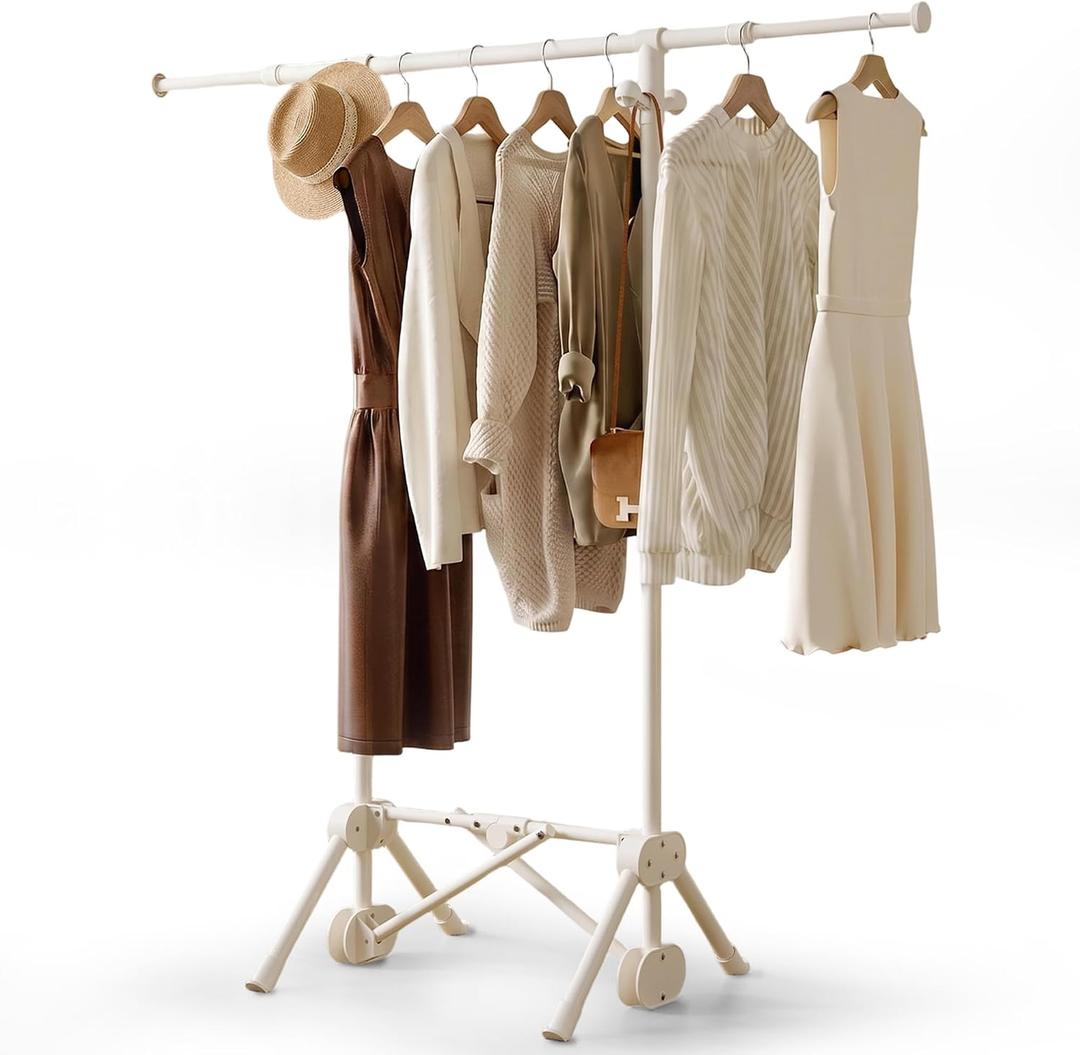 Small Clothes Rack, Foldable Clothing Rack with 3 Adjustable Height | Extendable Rod, 4 Side Hooks, Portable, Sturdy Carbon Steel, Space Saving, Ready to Use, for Bedroom, Laundry, Cream White