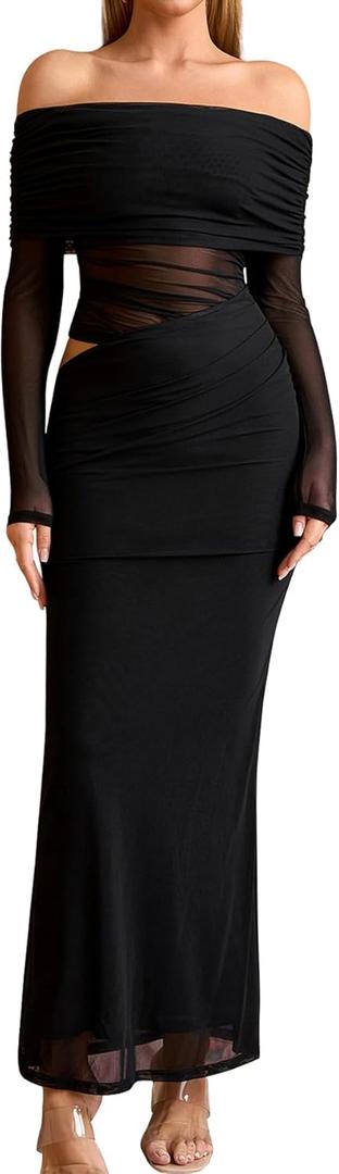 KUTUMAI Women Off Shoulder Long Sleeve Maxi Dress Cutout Mesh Ruched Bodycon Formal Wedding Guest Dresses (Medium, Black)