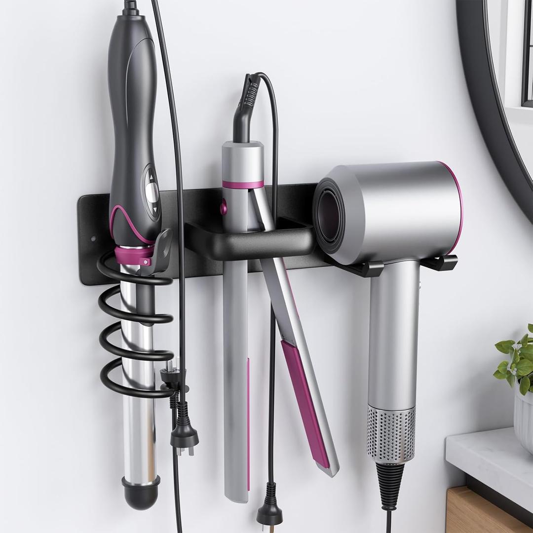 Tindbea Hair Dryer Holder Curling Iron Holder Flat Iron, Blow Dryer Holder Wall Mount, 3 in 1 Bathroom Hair Tool Organizer Rack for Universal Dryer, Matte Black
