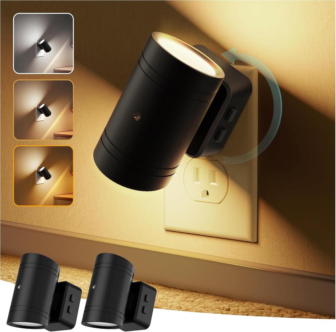 Briignite Night Lights Plug into Wall, 3CCT Modern LED Night Light Plug in, Dusk to Dawn Sensor, 3000K0K0K Change Nightlight,Dimmable NightLight for Hallway, Bedroom, Stairway, 2 Pack (Black rotatable-3CCT)