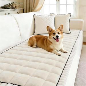 Pet Couch Covers for Sofa Washable Dogs Couch Cover for 3 Cushion Couch Sofa Plush Velvet Slipcovers 3 Seater Anti-Slip Sectional Protector Washable (Fuzzy Grid Ivory White, 27.6" x 71")