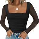 Chunpin Women's Mesh Square Neck Bodysuit Long Sleeve Going Out Tops Thong Bodysuits Outfits, Black, XL