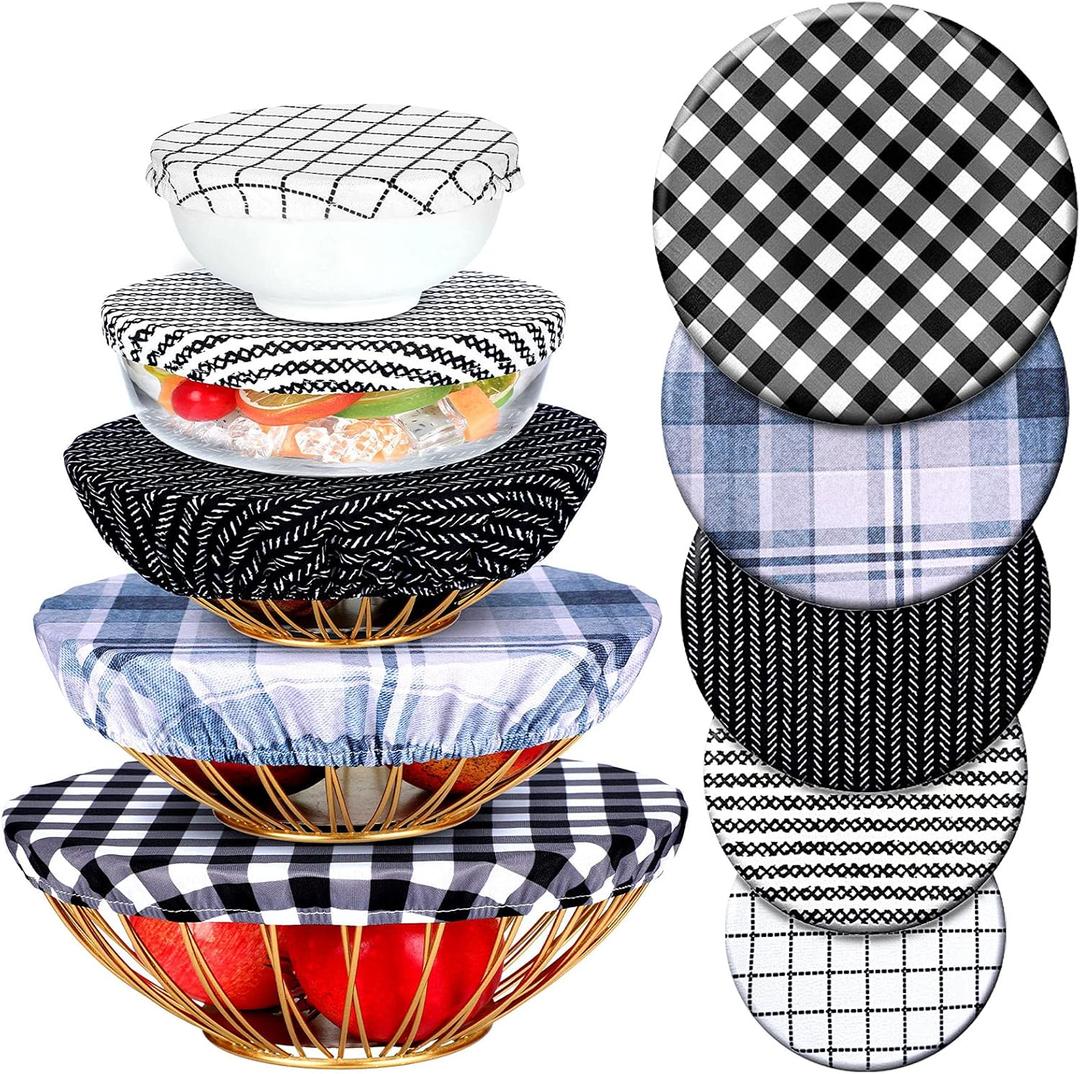 Patelai 10 Pcs Bowl Covers Reusable in 5 Size Stretch Cloth Fabric Elastic Food Storage Bowl Covers Bread Sourdough Lids for Proofing Food Fruits Leftover(Black, White, Blue,Plaid Style)