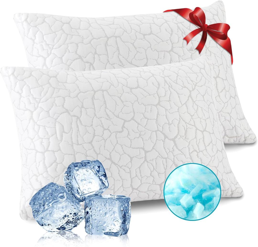 Cooling Pillows for Sleeping 2 Pack, Adjustable Shredded Memory Foam Pillows Queen Size Set of 2, Firm Bed Pillows for Side Back Stomach Hot Sleepers, Cold Pillow with Removable Washable Cover