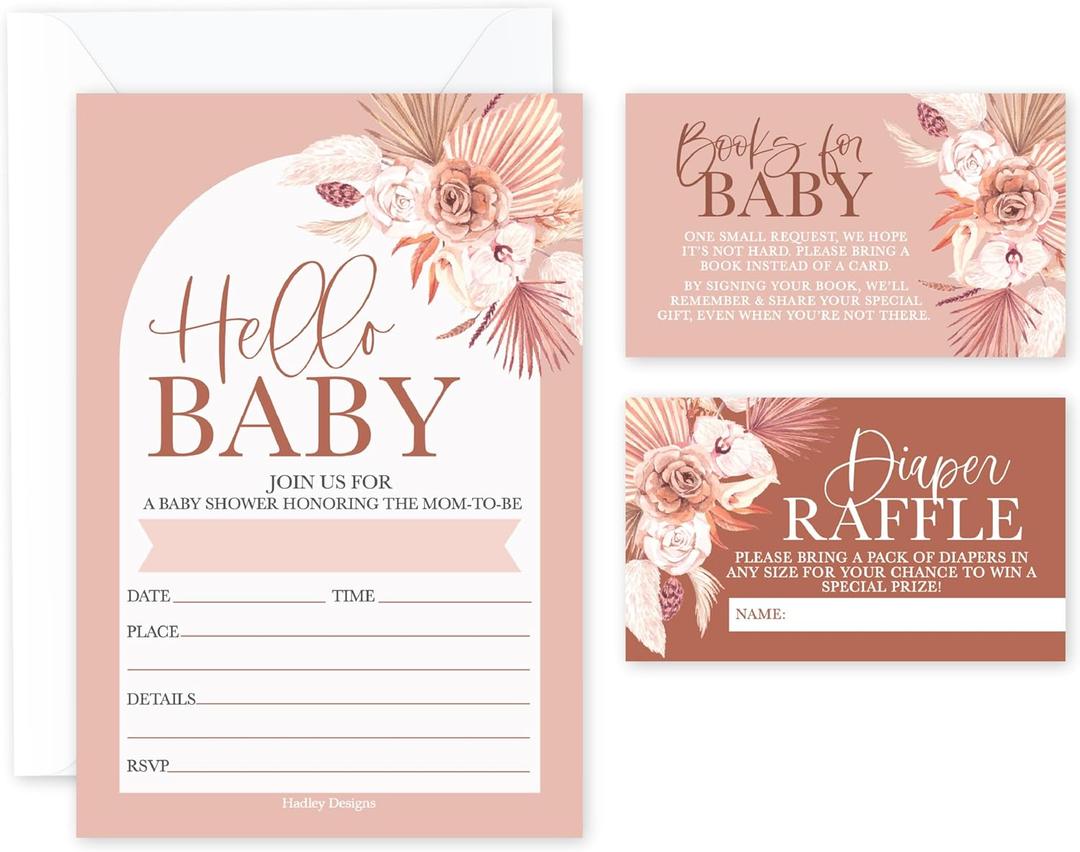 Hadley Designs Baby Shower Invitations For Girl -15 Baby Shower Invites for Girl with Diaper Raffle & Book Request Cards, Boho Babyshower Invitations with Envelopes, Hello Baby