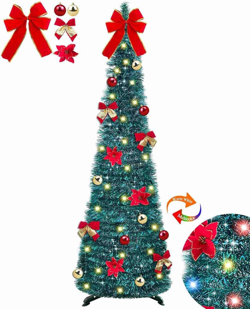 [ Timer ] 5 Ft Pop Up Christmas Tinsel Tree, Blue Collapsible Christmas Tree with 50 LED Color Light 18 DIY Ball Ornaments Bowknot Gift Boxes Battery Operated Pencil Xmas Tree Decor Indoor Home