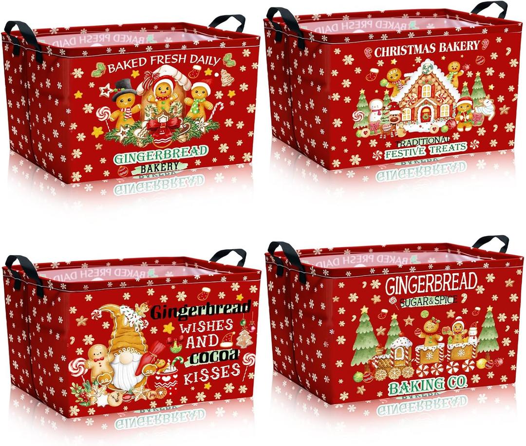 4 Pack Christmas Storage Bin Collapsible Large Christmas Gingerbread Man Storage Baskets for Gifts Canvas Laundry Basket Foldable Box with Handle for Office Home Bedroom Clothes Toys Decor