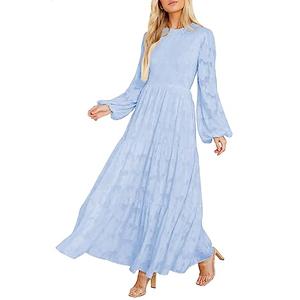 MITILLY Women's Elegant Floral Long Sleeve Round Neck Smocked A-Line Flowy Tiered Maxi Dresses with Pockets Large Light Blue
