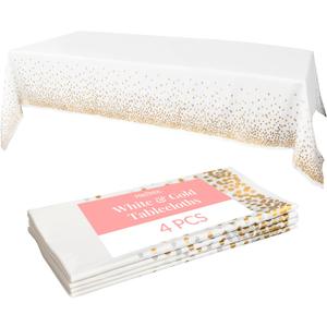 Prestee White and Gold Tablecloths, 4pk, 54x108 Inches - Party Table Cloths Disposable - Gold Dot Disposable Tablecloths - Plastic Table Cloth - Engagement Party Decorations, Baptism Decorations (Rectangle (4 Pack))