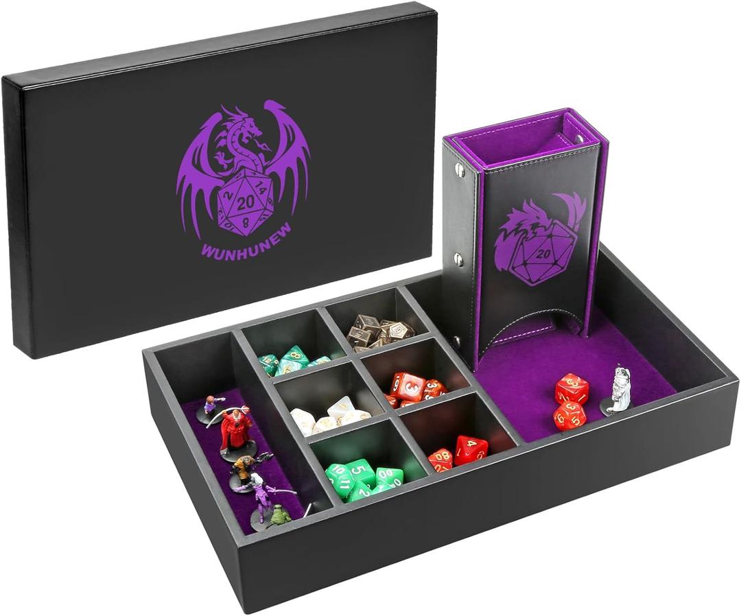 DND Dice Tray & Tower Storage Box, 4 in 1 D&D Dice Holder Case (Dice Rolling Tray, Dice Roller Tower, Dice & Miniature Storage), Great RPG Accessories Gifts for Dungeons and Dragons MTG DM & Player (Purple)