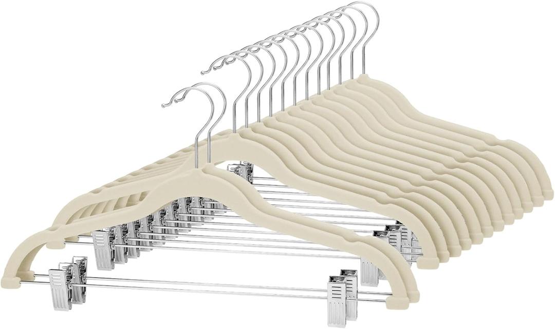 Cozymood Velvet Skirt Hangers - Pack of 24 - Velvet Hangers with Clips Ultra Thin Non Slip Velvet Pants Hangers Space Saving Clothes Hanger for Trouser, Skirts, Jeans, Dress (Beige)