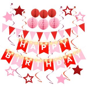 Birthday Decorations,Red Happy Birthday Banner with Fairy lights,Pennant Banner,Honeycomb Balls and Star Hanging Swirls Streamer Happy Birthday Party Decorations for Women Men Boys Girls