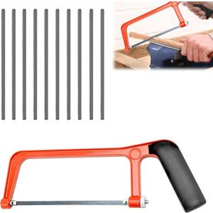11PCS Metal Saw Red Hack Saw Professional Hack Saws Small Metal Cutting Saws Adjustable Angle Heavy Duty Small Hacksaw with 10 Exchangeable Blades for Cutting Plastic PVC Pipe Tile Metals