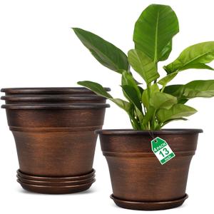 Plant Planters Pots Set of 4 Pack 13 InchLarge Plastic Flower Pot for Indoor Plants with Drainage Holes & Trays, Resin Decorative Container Sets with Saucer for House Outdoor Garden Plant Copper