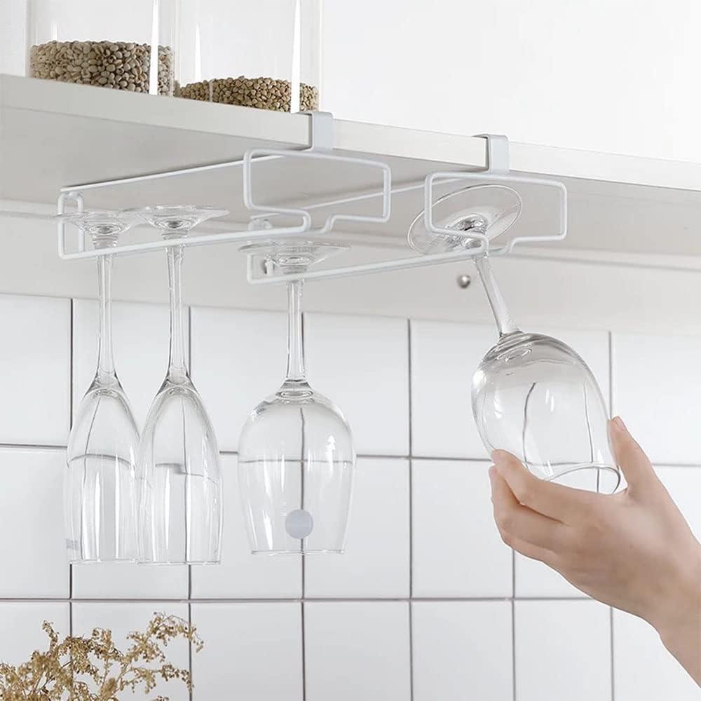 LINFIDITE 2 Pack Wine Glass Holder Stemware Rack Hanger Under Cabinet Wine Glass Rack Kitchen Hanging Storage Rack Organizer,White(For Partition Thickness under 0.98")