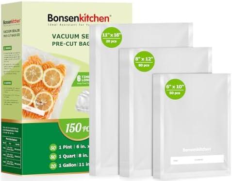 Bonsenkitchen Precut Vacuum Sealer Bags, 20 Gallon 11" x 16"+ 80 Quart 8" x 12"+ 50 Pint 6" x 10", Commercial Grade, BPA Free, Food Sealer Bags for Vac Storage, Meal Prep or Sous Vide Cooking, VB15