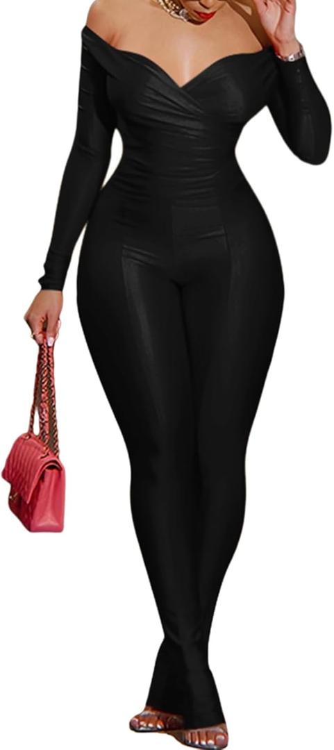 acelyn 2 Piece Outfits for Women Sexy Off Shoulder Tops Bodycon Flared Pant Sets Club Outfits Tracksuit Black 2XL