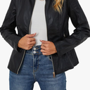 Faux Leather Jacket Women Motorcycle Zipper Bomber PU Bike Coat with Pockets Size M