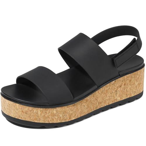 Marc Ford Women's 2026 Black Platform Wedge Cork Sandals Chunky Lug Sole Lightweight Comfortable Waterproof Summer Beach Vacation Essentials Trendy Walking Shoes Resort Wears, Size 8