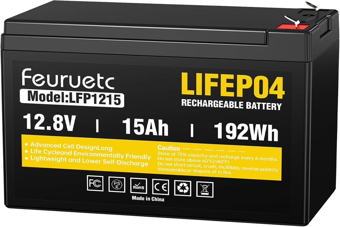 Feuruetc 12V 15Ah Deep Cycle LiFePO4 Battery, 3000+ Cycles, Maintenance-Free Battery for Fish Finder, Scooter, Security System, Solar System, UPS etc Rechargeable Lithium Iron Phosphate