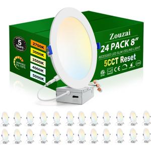 zouzai 24 Pack 8 inch 18W Eqv 150W 1620LM 5CCT Reset Ultra-Thin LED Recessed Ceiling Light with Junction Box, 2700K-5000K Selectable, Dimmable, Commercial and Home use - ETL and Energy Star Certified