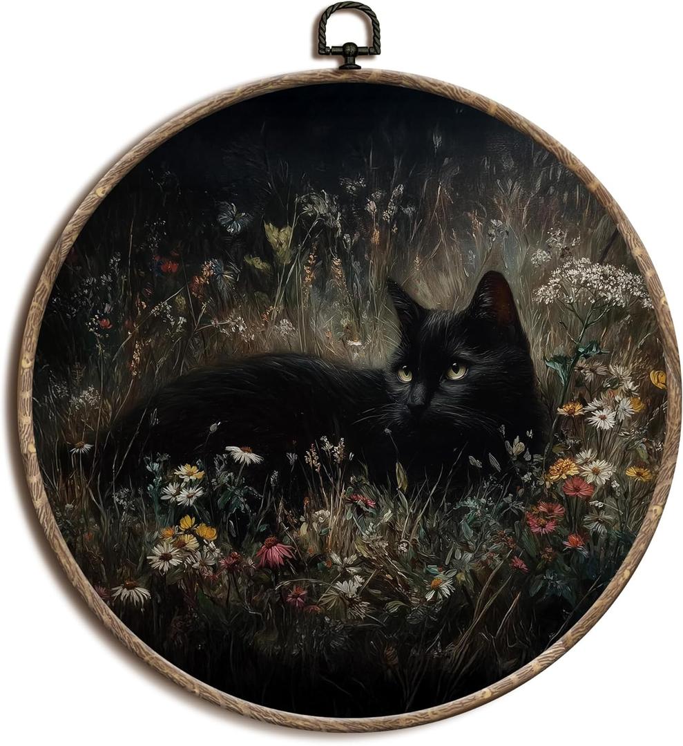 laveliabel Black Cat Wildflower Round Canvas Art Wall Decor, Dark Academia Cat Framed Canvas Prints, Moody Gothic Farmhouse Round Hanging Wall Decor for Home Bedroom Gallery, 10x10 Inches