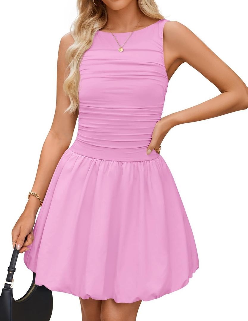 ZESICA Womens Summer Sleeveless Bubble Mini Dress 2025 Boat Neck Ruched A Line Short Cocktail Party Dresses (Medium, Pink) ZESICA Womens Summer Sleeveless Bubble Mini Dress 2025 Boat Neck Ruched A Line Short Cocktail Party Dresses (Medium, Pink)