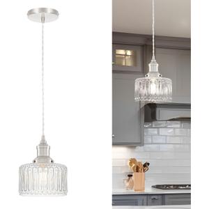 Brushed Nickel Pendant Lights Kitchen Island, Vintage Pendant Light Clear Striped Glass Lmapshade, Rustic Kitchen Pendant Lighting Over Island, Adjustable Hanging Light for Dining Room Hallway (6.9in-1pc)
