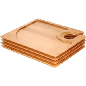 BambooMN 7" x 5.9" Bamboo Cocktail Appetizer Plates with Wine Glass Holder, 4 Pieces