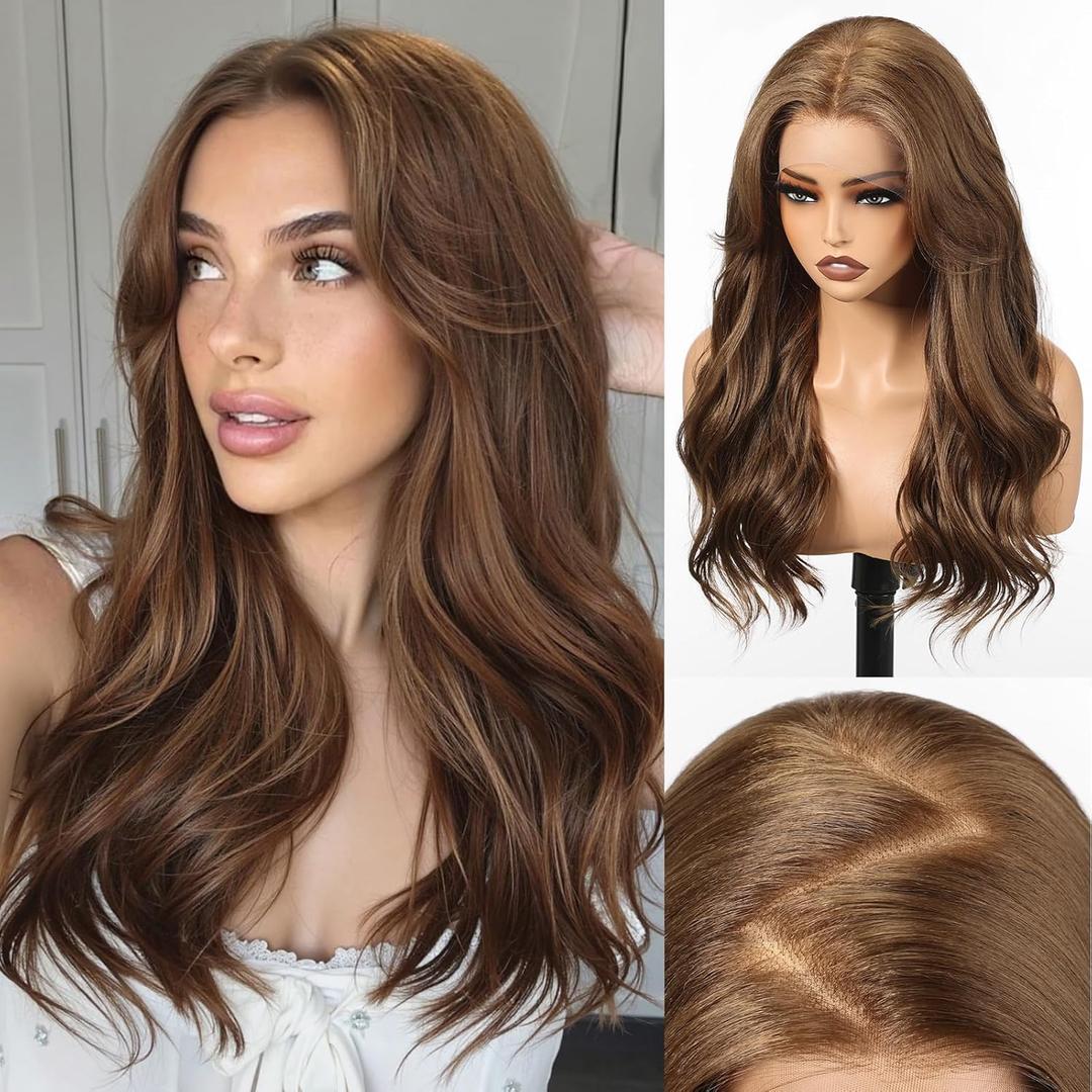 HAIRCUBE 13x6 HD Lace Front Wig Synthetic 22 Inch Honey Brown Long Wave Layered Glueless Wig for Women, Natural Look Daily Wear