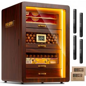 Desktop Cigar Humidor Cabinet Triple-Sided Light with Digital Hygrometer, Humidifier and Humidity Packs. 4 Ceder Wood Drawers, Cigar Humidor Box can Hold 200 Cigars. Present for Men (Ebony)