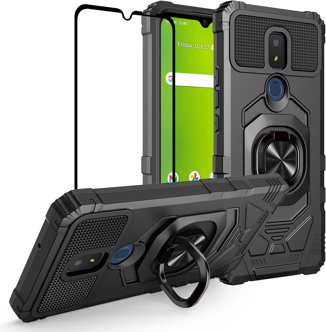 Cricket Icon 3 Case(3rd Version)/At&t Motivate 2 Case(2nd)/Cricket Splendor Case w/Tempered Glass Screen Protector Protective Cover Black