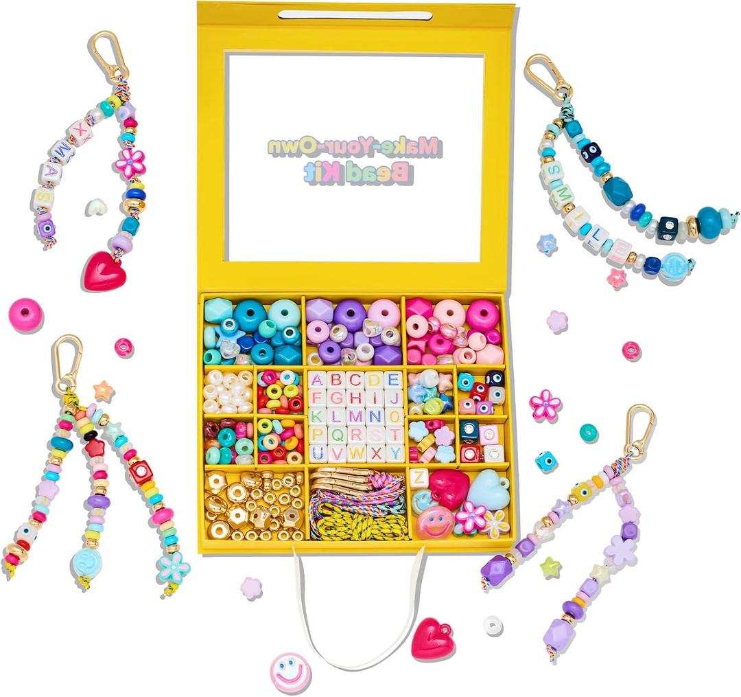 HolidayQbee DIY Bead Keychain Making Kit for Kids Beaded Bag Charm Kit Alphabet Beads Muti-Colorful Heart Pony Bead for Key Chain Making Kit Bag Charm Making Kit Gifts for Boy Girls