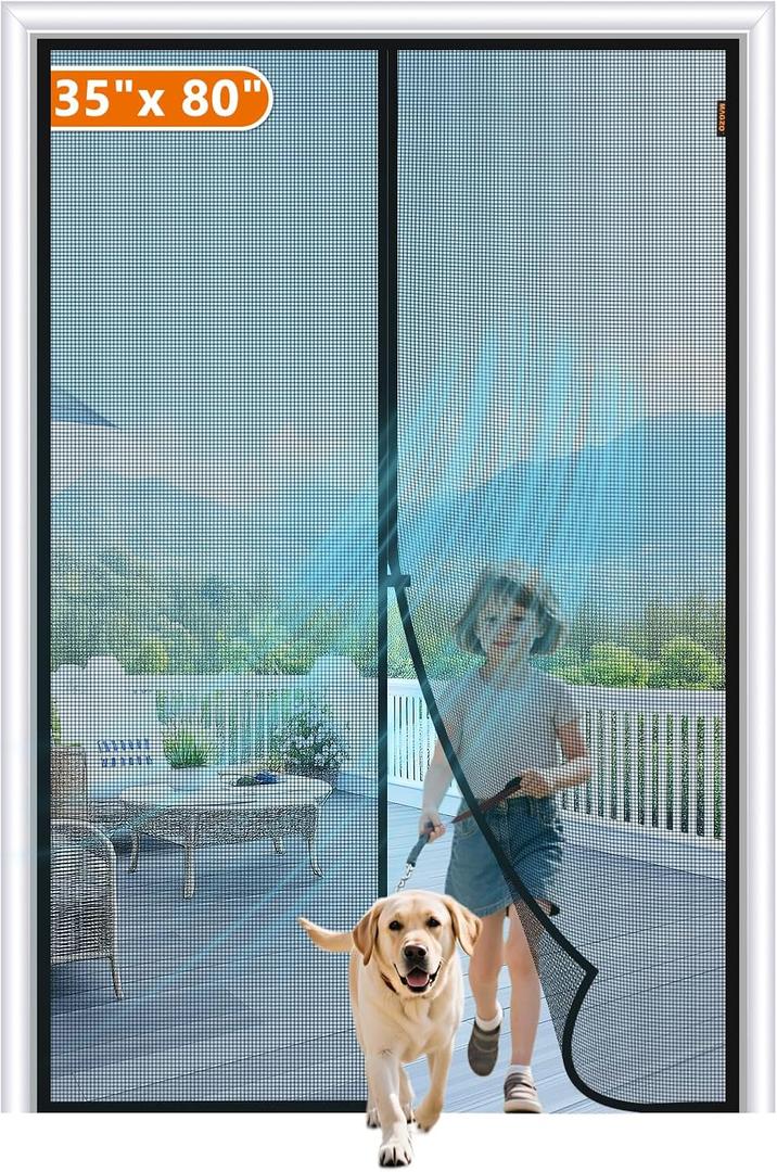 MAGZO Magnetic Screen Door Fit Door Size 35 x 80 Inch, Screen Size 37" x 81" Self Sealing Mesh with Hook & Loop Strip, Black