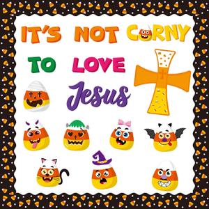 3 x Yopyame 110PCS Its Not Corny to Love Jesus Christian Bulletin Board Set Halloween Candy Corn Cross Name Tag Border Trim Cutout Halloween Faith Religious Classroom Sunday School Chalkboard Wall Decor