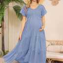 Swiss Dot Smocked Maternity Dress for Baby Shower Photoshoot Casual V Neck Ruffle Sleeve Empire Waist Tiered Boho Dress, Size: XX-Large (Blue)