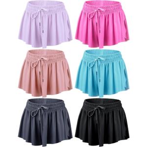 6 Pcs 2 in 1 Flowy Running Shorts with Pockets Butterfly Gym Shorts Summer Women Workout Yoga