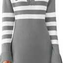 Saodimallsu Womens Striped Sweater Dress V Neck Collared Long Sleeve Slim Fit Ribbed Knit Trendy Mini Dresses (Gray, L)