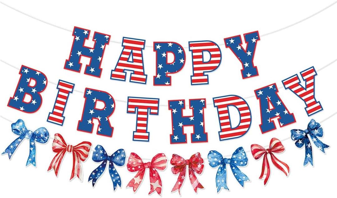 Bow Patriotic Happy Birthday Banner,4th/Fourth of July Decorations, Red White and Blue Independence Day Birthday Garland, Memorial Day Decorations for Indoor Outdoor