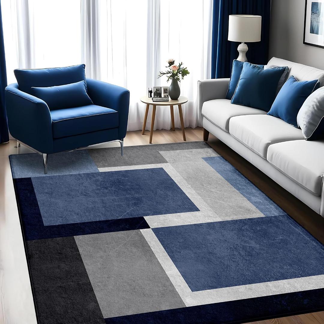 Washable Low-Profile Geometric Area Rug, 0.2 inch Thin Abstract Rug Design for Living Room & Bedroom Decor, 5x7 ft Blue Grey Modern Non-Slip Floor Rug