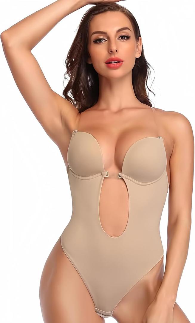 SHAPERIN Women's Backless Body Shaper Bra U Plunge Seamless Low Back Thong Shapewear Deep V Full Body Bodysuit Nude S