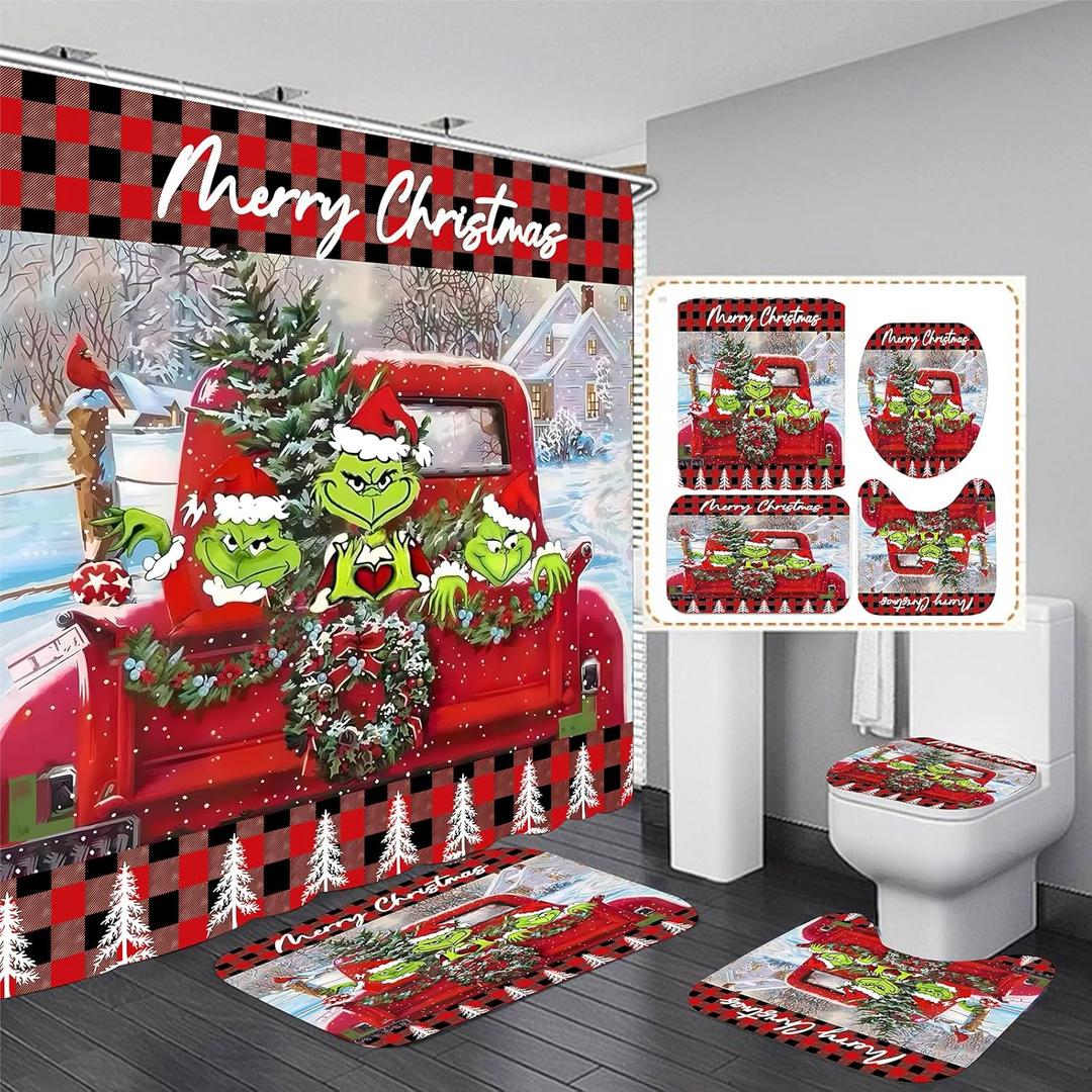 4Pcs Christmas Shower Curtain Sets with Non-Slip Rugs, Toilet Lid Cover and Non-Slip U Shape Bath Mat, Bathroom Sets with Hooks Xmas Bathroom Home Decorations 71'' x 71'' (4Pcs Set)