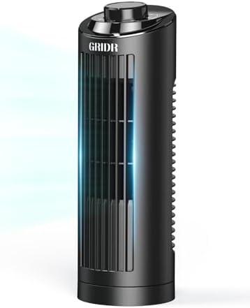 GRIDR Tower Fan for Bedroom (2025 New), Quiet Safe Bladeless with 3 Speeds, Portable Desk Fan with 80° Oscillation, Fast Cooling, Space-Saving, 13" Table Fan for Home Desktop