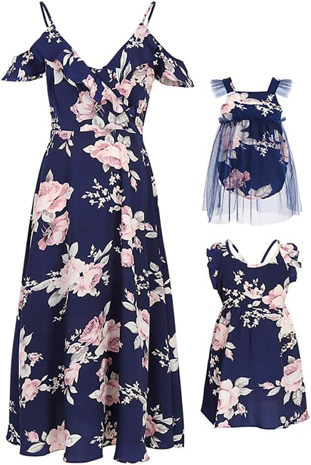 PopReal Mommy and Me Dresses Floral Print Cold Shoulder Ruffle Backless Strap Romper Beach Midi Dress Summer (3-6 Months, Dark Blue)